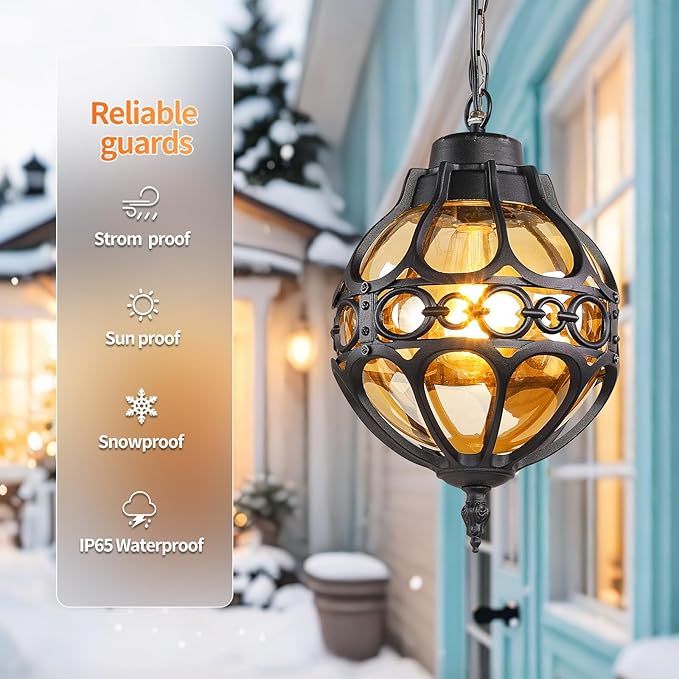 Dusk to Dawn Globe Outdoor Pendant Lights,Vintage Exterior Hanging Pendant Light Fixtures with Adjustable Chain, Aluminum Black Outdoor Chandelier for Porch, Gazebo,with Sensor,General
