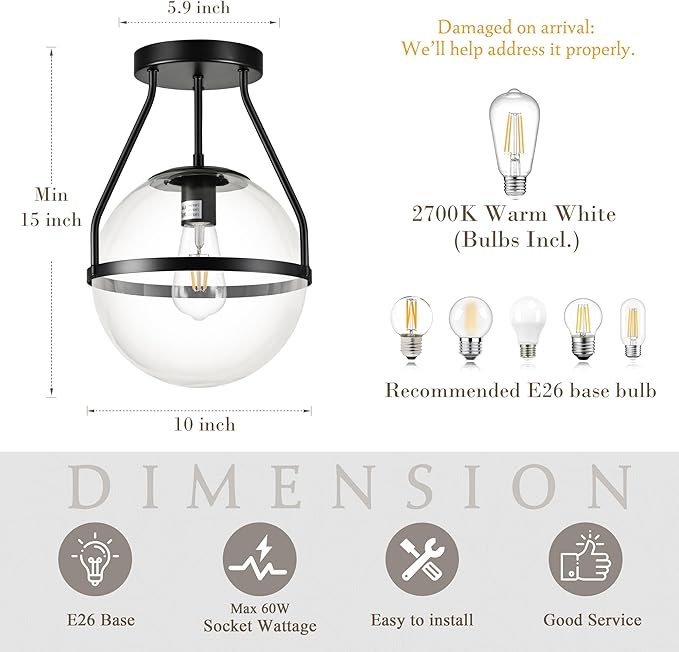 Bagood 10" Mid Century Ceiling Light Modern Black Semi Flush Mount Ceiling Light with Clear Glass Shade Globe Semi Flush Mount Ceiling Light Fixture for Bedroom Hallway Bathroom Foyer (Bulb Incl.)