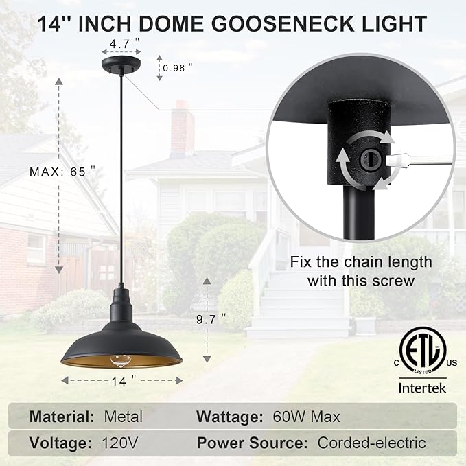 2 Pack Farmhouse Pendant Light for Kitchen, 14in Large Industrial Hanging Lights with Brass Interior, Indoor and Outdoor Ceiling Barn Lighting Fixture with Ajustable Cord for Dinning Room