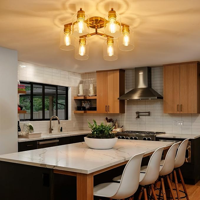 YYT Gold Ceiling Light Fixture Mid-Century Kitchen Ceiling Light Fixtures Modern Gold Semi Flush Mount Light 6-Light Fixtures for Dining Room Brass Cieling Lights with Glass Shade