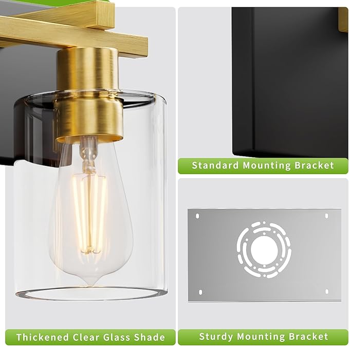 Espird Bathroom Vanity Light,4 Light Matte Black and Gold Light Fixture with Thickened Clear Glass Shade, 30 inch Modern Wall Sconce, Bathrooms Vanity Light Over Mirror for Bathroom