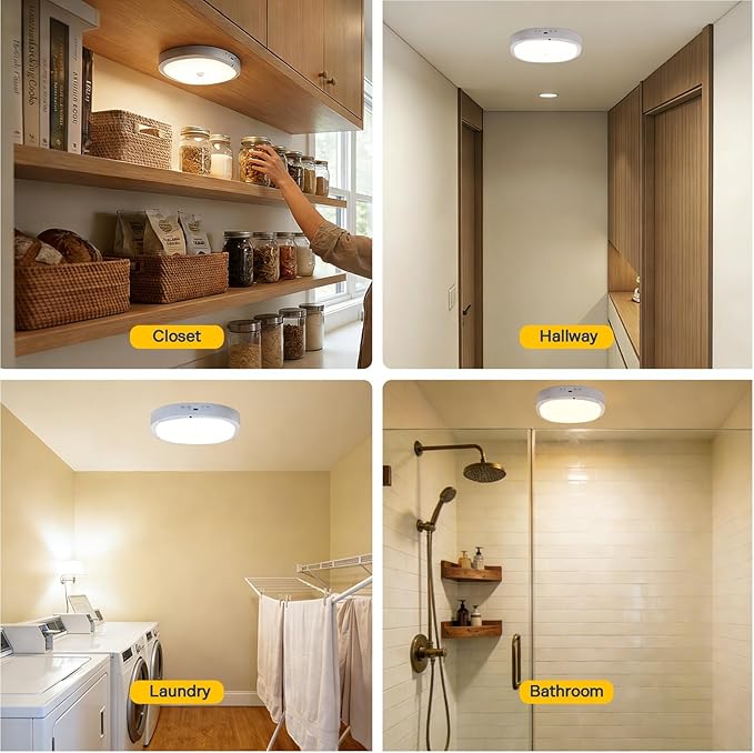 2 Packs Motion Sensor Closet Light with Remote, No Wiring Battery Operated Ceiling Light with 10000mAh, Waterproof Shower Light for Bathroom Closet Stairs Pantry