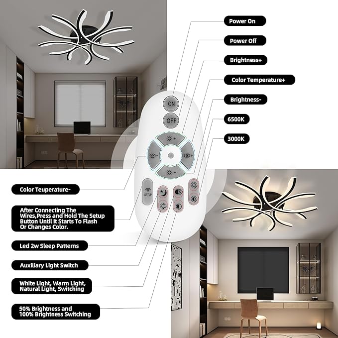 Modern LED Flush Mount Ceiling Light - 12 Lights Dimmable Close-to-Ceiling Fixture with Remote Control, 144W 3000K-6500K Adjustable Color Temperature for Bedroom, Living Room (Black)