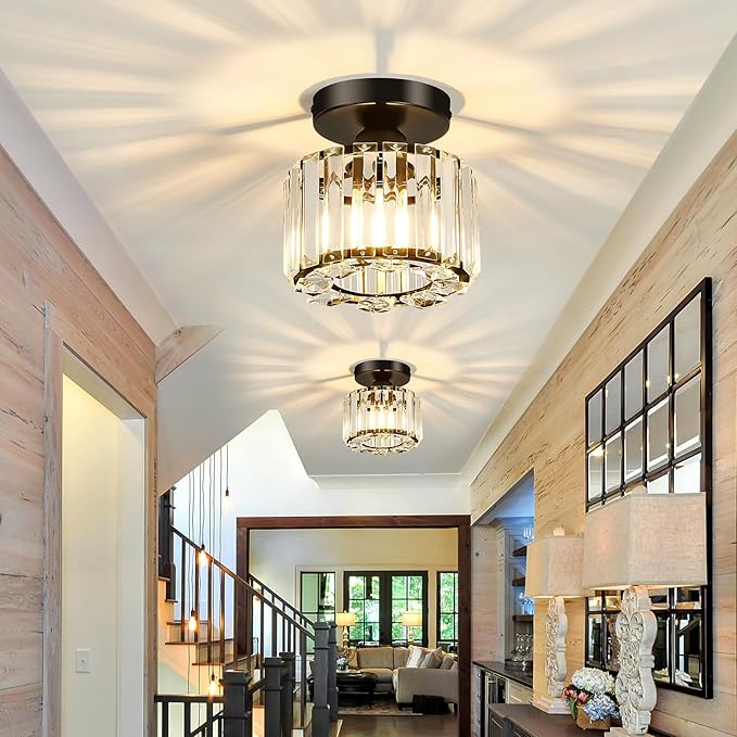 2 Pack Small Crystal Semi Flush Mount Ceiling Light Fixture Modern Black Mini Round Chandelier Metal E26 Ceiling Lamp for Hallway Bathroom Entryway Kitchen Closet