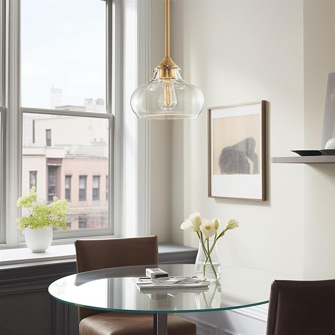 Kira Home Harlow 9" Modern Schoolhouse Pendant Light with Clear Glass Shade, Industrial Farmhouse Hanging Light with Schoolhouse Glass, Warm Brass Finish