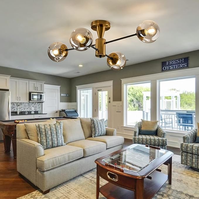 hesoge Modern Semi Flush Mount Ceiling Light Fixture, 4-Light Gold Mid Century Chandelier with Glass Globe,Ceiling Lighting for Dinning Room Farmhouse Kitchen Bedroom Living Room.