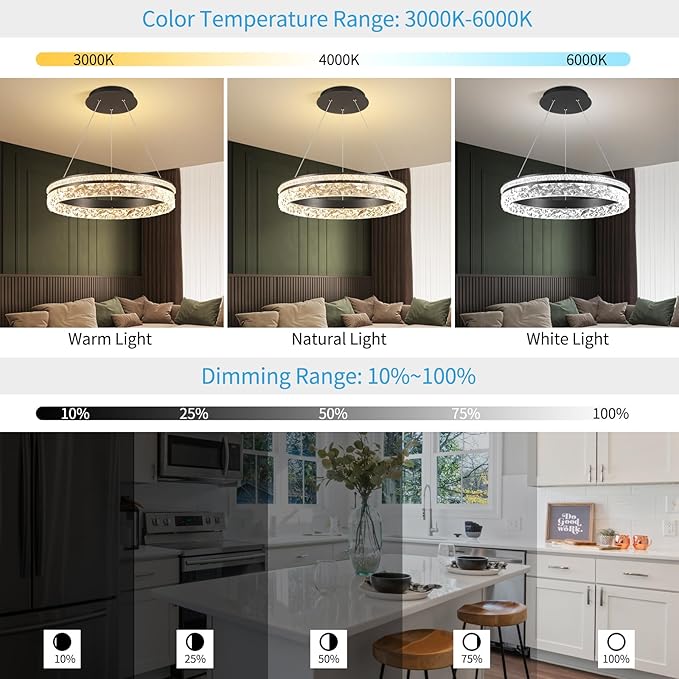 Modern LED Chandelier 1 Ring 19.7in Pendant Lighting for Kitchen Island 50W Dimmable LED Pendant Ceiling Light Black Hanging Light Fixtures with Remote for Kitchen Dining Room Bedroom Living Room