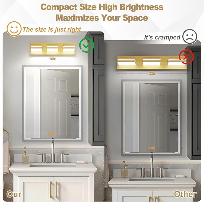 Modern LED Small Bathroom Lights Fixtures 3-Light,Metal Gold Acrylic Wall Lighting,Vanity Lights for Bathroom Over Mirror 6000k 16in