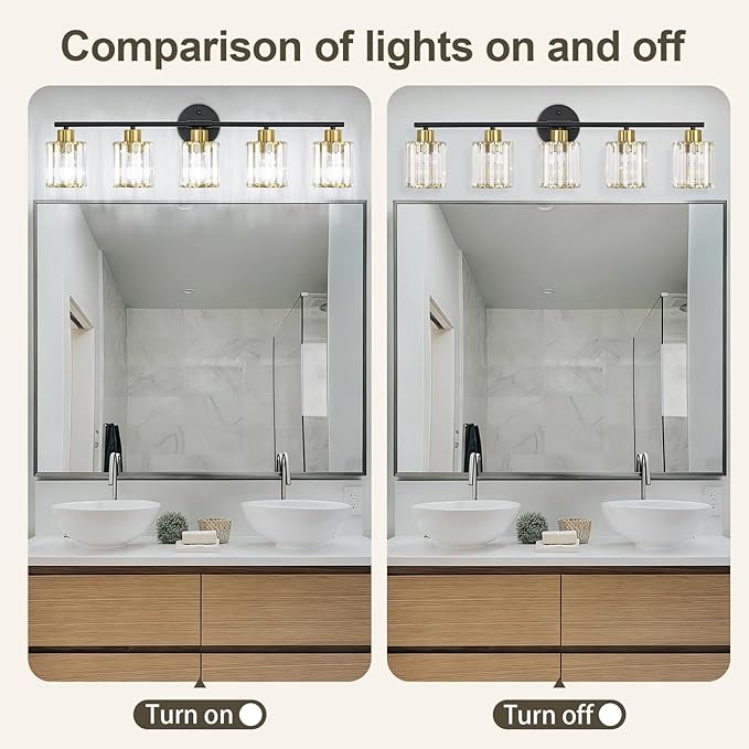 Crystal Bathroom Light Fixtures, Bathroom Lighting Fixtures Over Mirror, Modern Black Gold 5-Light Vanity Lights for Mirror,Restroom, Bedroom (Ceramic E26 Socket,Bulbs Not Include)