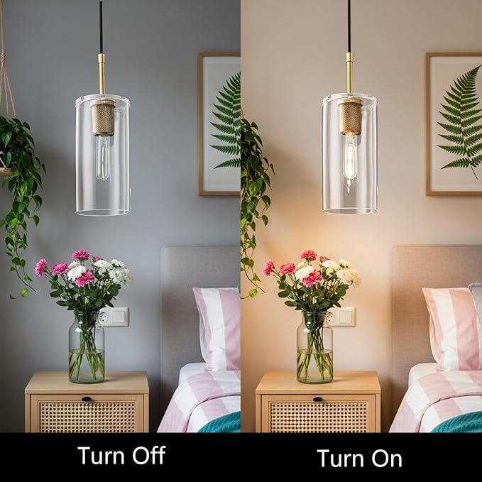 Brass Pendant Lights Kitchen Island 1 Pack Modern Glass Pendant Light Fixtures, 9.5'' Farmhouse Gold Pendant Light Fixtures, Indoor Chandelier for Bathroom, Bar Included Bulb