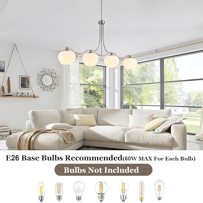 4-Lights 22.4" Brushed Nickel Pendant Light for Kitchen Island with Milk White Glass Lampshade,Adjustable Height Modern Dining Room Chandeliers Chrome Silver Hanging Ceiling Lighting Over Table