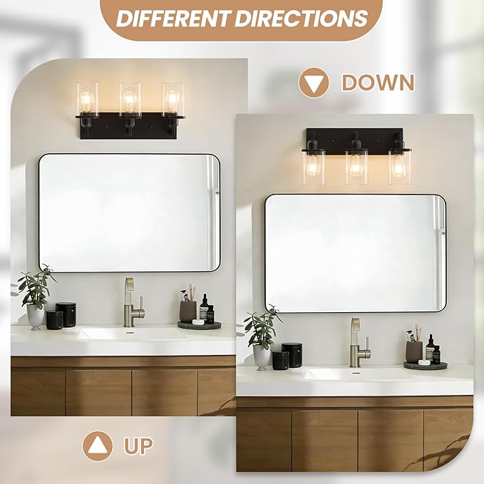 3-Light Bathroom Vanity Light Fixtures, Modern Matte Black Bathroom Lighting Fixtures Over Mirror with Square Clear Glass Shades, Bath Wall Sconce Lights for Dressing Table, Bedroom, Hallway