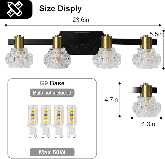 Lightdot 4-Light Bathroom Vanity Light, 23.6" Modern Bathroom Light Fixtures with Clear Crystal Waterproof Shades, Rust-Proof Horizontal Gold and Black Vanity Lights Over Mirror for Cabinet Hallway