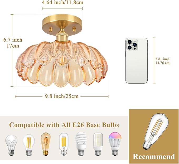 Hallway Lights Fixture Ceiling,Amber Semi Flush Mount Ceiling Lights,9.8" E26 Vintage Light Fixtures for Closet Hallway Kitchen Dining Room
