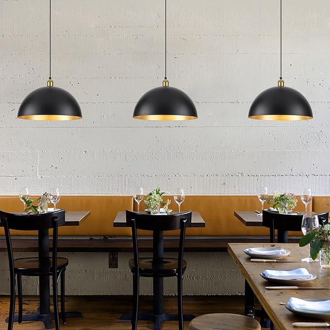 Black Vintage Pendant Light 16 Inch, Large Dome Pendant Lights Kitchen Island Adjustable Height Industrial Pendant Light Fixtures for Kitchen Dining Room Bedroom 2 Pack