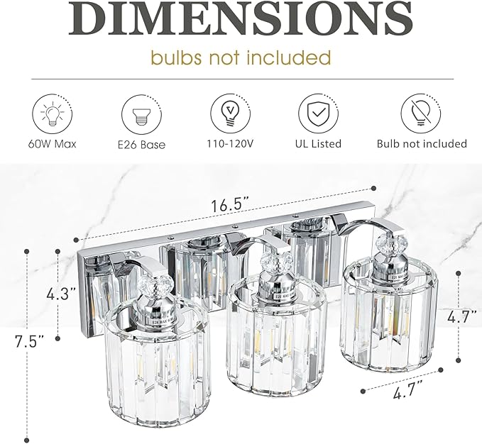 3-Light Modern Bathroom Light Fixture Chrome Vanity Lights Over Mirror Wall Sconce Lighting with K9 Crystal Shades Bathroom Wall Lamp E26 Base for Bedroom, Living Room, Hallway, Cabinet