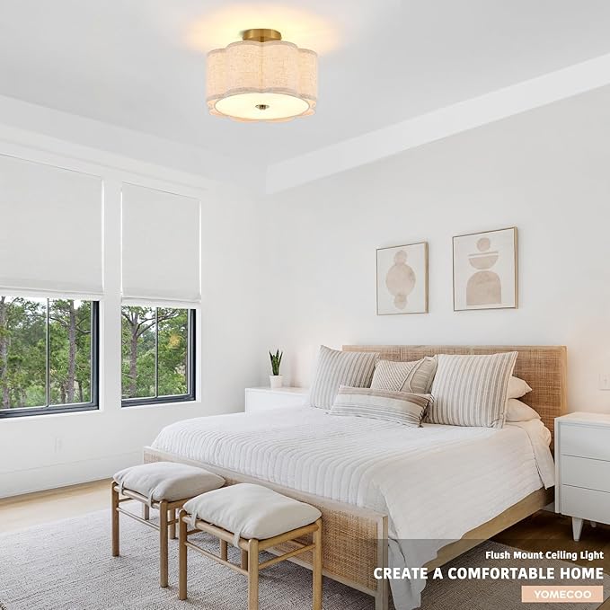 Semi Flush Mount Ceiling Light, Beige Linen Fabric Shade Ceiling Light, Golden Modern Farmhouse Close to Ceiling Light for Bedroom, Laundry Room, Hallway, Living Room, Dining Room