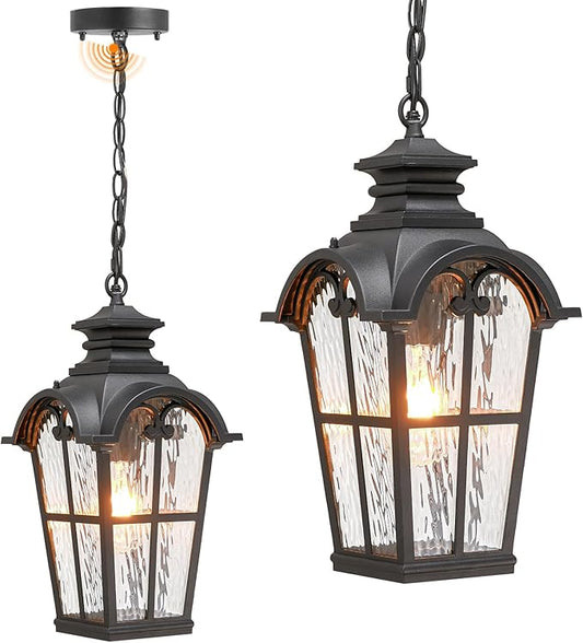 Waterproof Outdoor Pendant Light for Porch 18.5 Inch Large Hanging Porch Lights with Adjustable Chain Dusk to Dawn Aluminum Outdoor Hanging Light Fixture with Water Ripple Glass E26 Socket