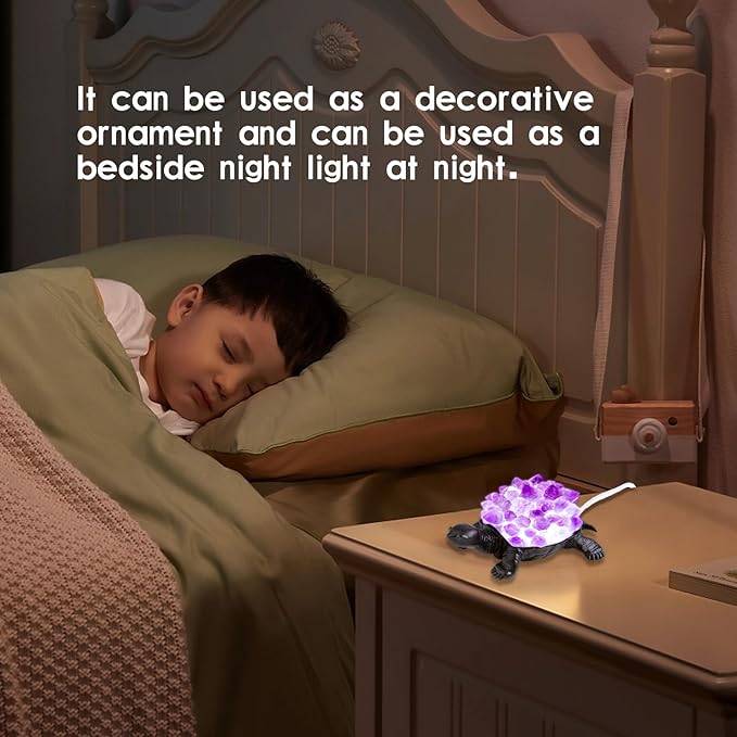 Runyangshi Natural Amethyst Tooth Turtle Night Lamp Healing Crystal Bedroom Bedside Table Lamp USB Port Home Decor Women Men Gift