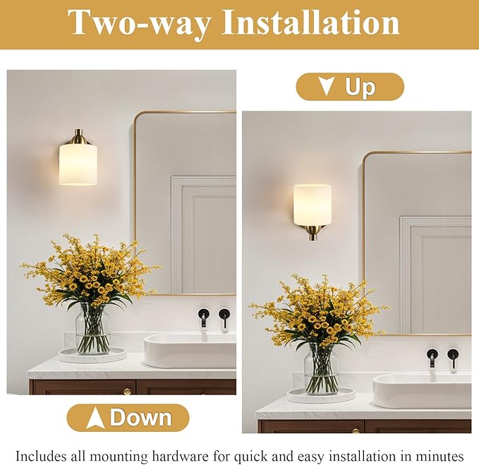 Mecgirn Gold Milk Glass Wall Sconces, 1 Pack Hardwired Indoor Wall Light Fixtures for Living Room, Hallway, Bedroom, Ceramic E26 Sockets (Bulbs Not Included)