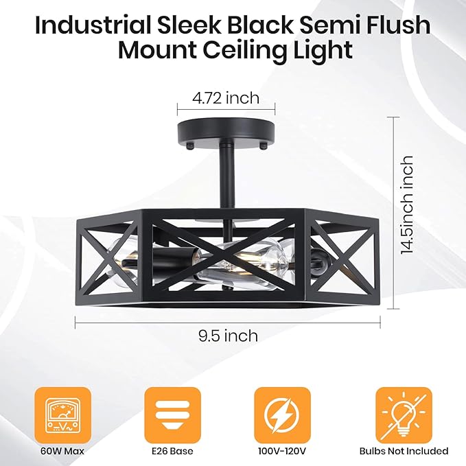 Farmhouse Light Fixtures Ceiling Mount, 3-Light Black Semi Flush Mount Ceiling Light Fixture, Close to Ceiling Hallway Lights, Industrial Rustic Ceiling Lights for Bathroom, Entryway, Kitchen