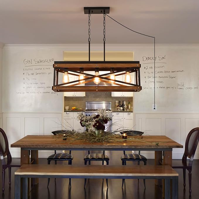 Rustic Farmhouse Plug in Kitchen Island Lighting, 5 Lights Rectangular Pendant Light Fixture with Adjustable Chain, Dimmable Switch, Oak Wood and Metal Linear Chandelier for Dining Room Home, Black