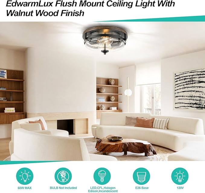 Edwarmlux Flush Mount Ceiling Lights, 2-Light Farmhouse Close to Ceiling Light, Industrial Ceiling Lighting Fixture for Kitchen Hallway Bedroom Living Room Stairways Porch (Seeded Glass)