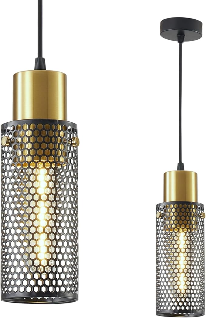 Modern Pendant Light Fixtures, Gold Cylinder Pendant Lapms with Iron Mesh, Adjustable Metal Ceiling Hanging Light Fixture for Kitchen Island Dining Room Entryway Bar 1-Light