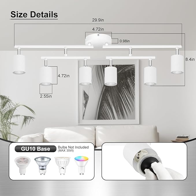 AUQUEE 6 Light Track Lighting Fixtures Ceiling, Matte White Kichen Track Lighting Fixtures with Rotatable Light Heads, Upgrade Light Poles, Modern LED Spot Lights for Kitchen/Hallway, No GU10 Bulb