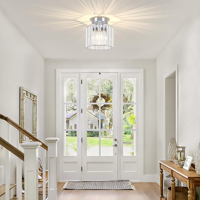 TOULMJ 2 Pack Chrome Semi Flush Mount Ceiling Light, Modern Crystal Hallway Light Fixtures Kitchen Lighting Close to Ceiling Lights for Bathroom Entryway Bedroom Foyer Laundry Room