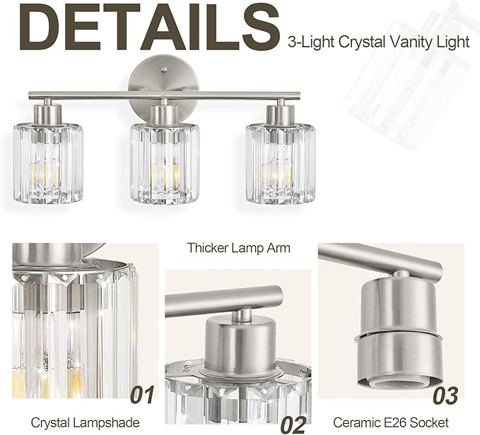 Crystal Bathroom Light Fixtures, Bathroom Lighting Fixtures Over Mirror, Modern 3-Light Brushed Nickel Vanity Lights for Mirror, Restroom, Kitchen(Ceramic E26 Socket,Bulbs Not Include)