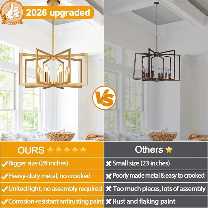 28" Modern Gold Chandelier for Dining Room, No Assembly Required Black Dining Room Light Fixture Over Table, Industrial Metal Hanging Pendant Lights Fixture for Kitchen Island, Entryway, Foyer
