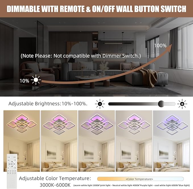 Modern LED Ceiling Lights,80W Flush Mount Ceiling Light with Remote,5 Squares Dimmable Brightness, Adjustable 3000-6000K Color Temperature for Living Room,Laundry Room,Hallway,Chrome