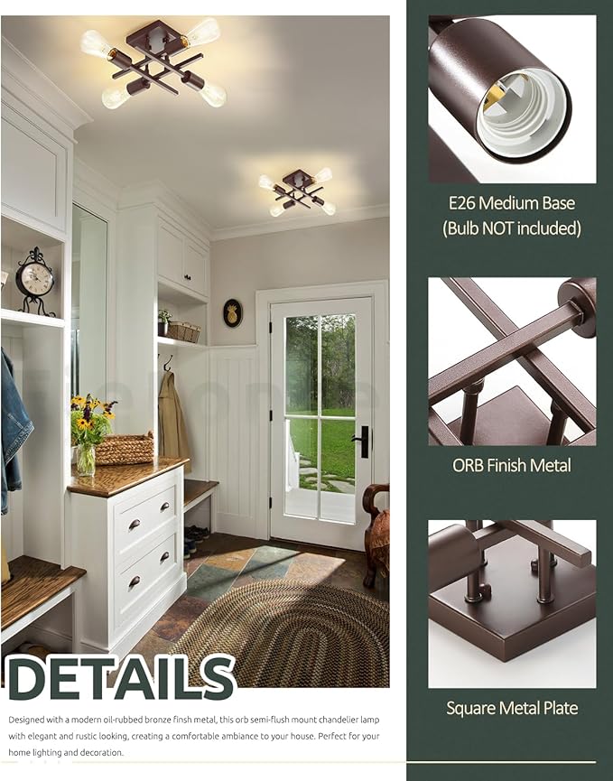Industrial 4-Light Semi Flush Mount Ceiling Light Fixture, Farmhouse Oil Rubbed Bronze Chandelier Lighting, Modern E26 Base Sputnik Ceiling Lamp for Kitchen Living Room Hallway Entryway