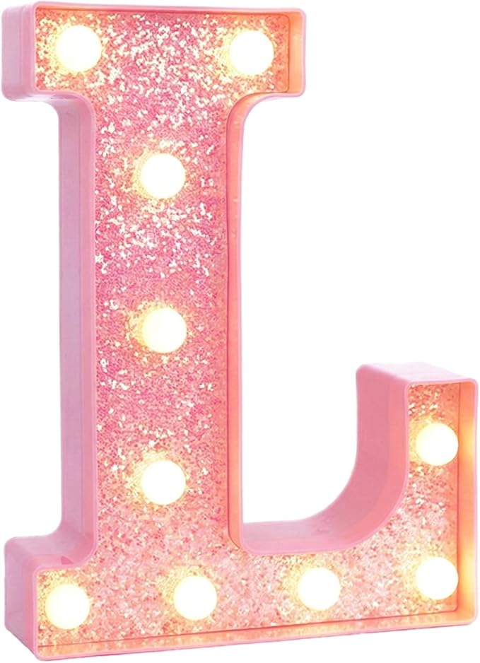Pink Marquee Light Up Letters, Glitter Alphabet LED Letter Lights for Pink Birthday Party Decorations, Battery Operated Letter Sign for Girls Room Vanity Table Decor, Warm White Lights Letter L
