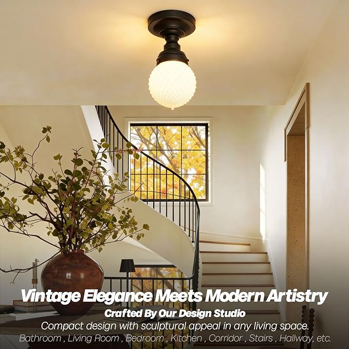 Modern Schoolhouse Semi Flush Mount Ceiling Light,Black Close to Ceiling Light Fixtures with Milky White Globe Glass Hallway Light Fixtures for Laundry Entryway Kitchen Bathroom E26