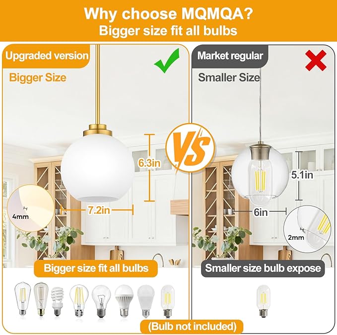 1 Pack 7.2-Inch Globe Pendant Lights, Mid Century Gold Pendant Light Fixtures, Globe Pendant Lights Kitchen Island with Milk Glass Shade Adjustable Hanging Fixture for Dining Room (Bulbs not Included)