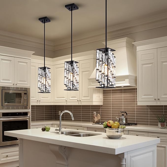 Crystal Pendant Lights Kitchen Island 3 Pack, Modern Black Chandelier Height Adjustable, Hanging Lights for Kitchen Island Dining Room Bedroom