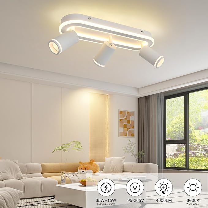 LED 3 Light Track Lighting Spotlight Kit, White Ceiling Spotlights, Modern Track Light Fixture with Flexibly Rotatable Light Heads, 35W+15W Dual Lighting for Kitchen Living Room,Includes 3 x GU10 Bulb