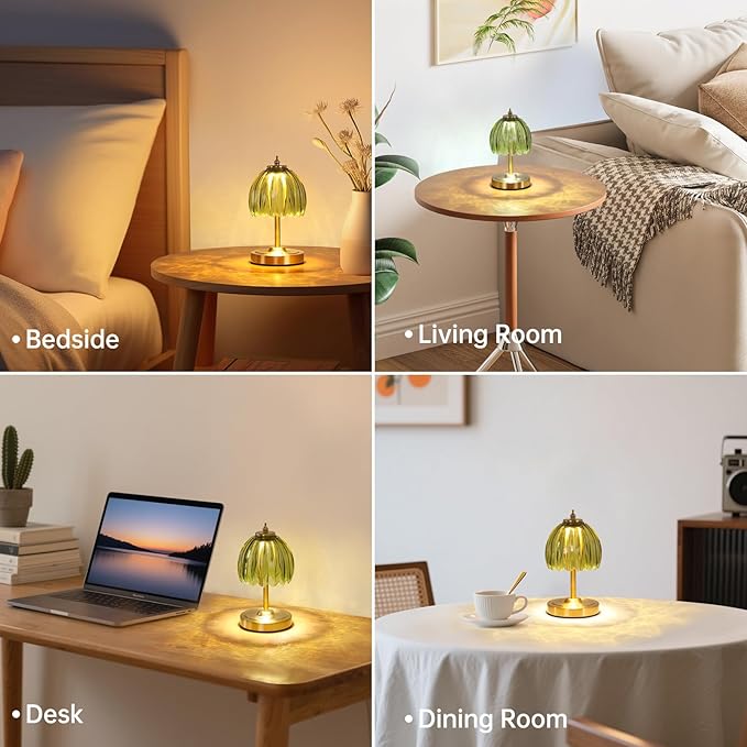 Shenmoyl Set of 2 Tulip Table Lamp with 5200mAh Battery & Touch Control, Cordless Small Table Lamp with 3 Colors, Rechargeable Battery Operated Table Lamps for Nightstand, Bedroom (Green Tulip)