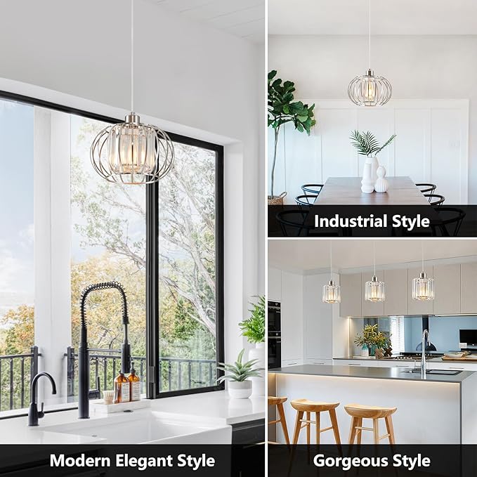 XSDeTu Brushed Nickel Pendant Light Fixtures, Modern Crystal Hanging Ceiling Light, Farmhouse Small Chandeliers, Metal Cage Pendant Lighting, Adjustable Pendant Lights Kitchen Island, Hallway