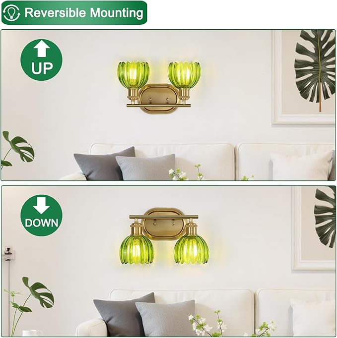 Bathroom Light Fixtures, 2-Light Gold Bathroom Vanity Light with Ribbed Green Tulip Glass Shade, Brass Wall Scone Lighting Over Mirror for Bedroom, Living Room, Hallway