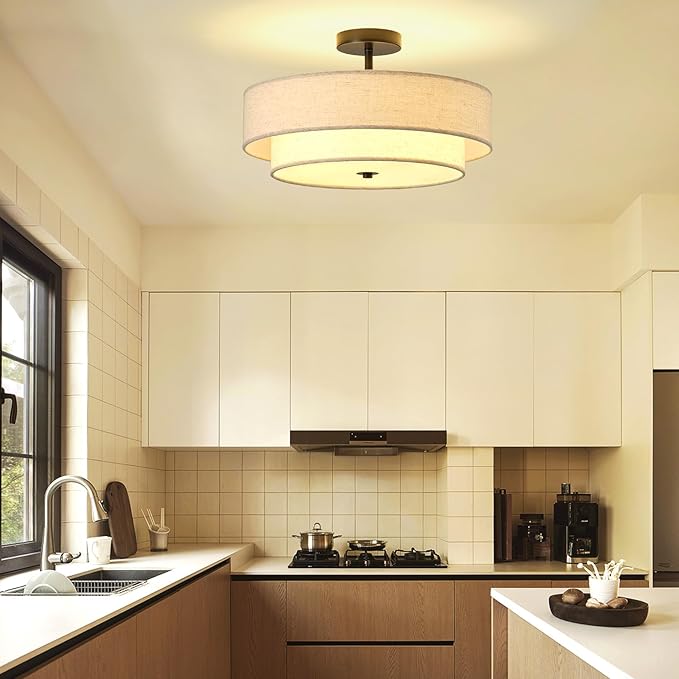 17.7" Close to Ceiling Light Fixtures, Black Semi Flush Mount Ceiling Light Fixtures with 2-Tier Drum Fabric Lamp Shade, Modern Ceiling Light Fixtures Flush Mount for Bedroom Hallway Nursery