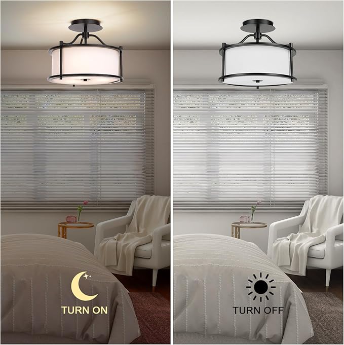 FRIDEKO HOME Semi Flush Mount Ceiling Light 3 Light Ceiling Light Fixture Close to Ceiling Light Fixture with Metal Frame Fabric Drum Shade for Bedroom Living Room Hallway Kitchen Entryway