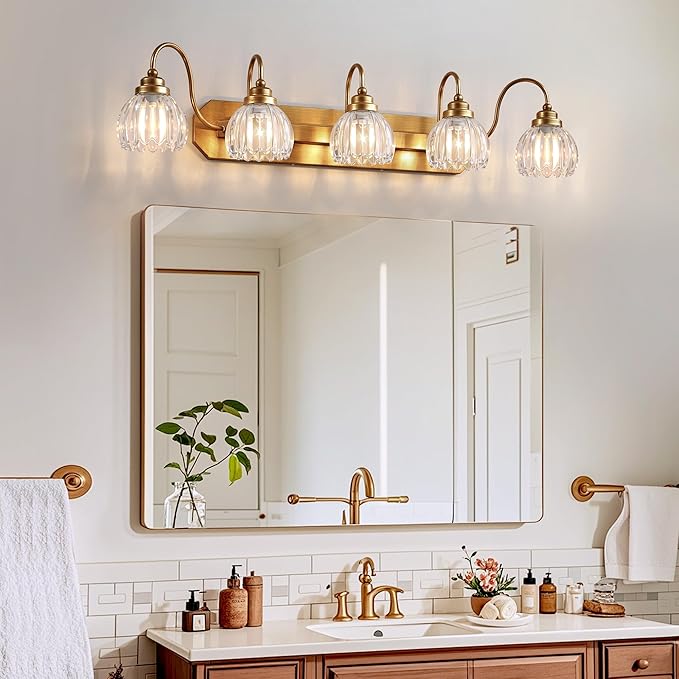 Gold Vanity Light, Vintage Bathroom Light Fixtures, 5-Light Matte Antique Brass Finish with Crystal Glass Shade, Mid Century Style Wall Sconces for Bedroom, Living Room
