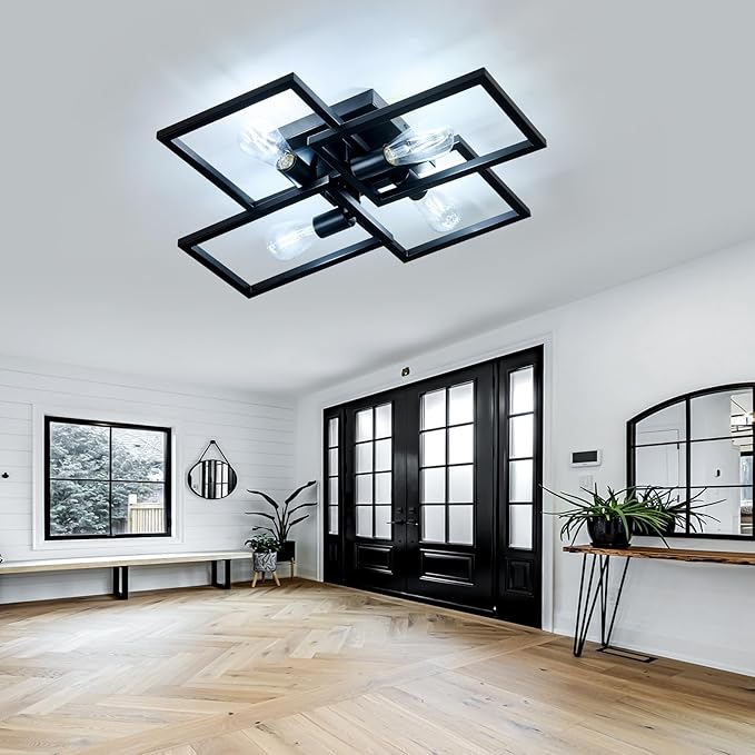 ASGYISA Black Industrial Semi Flush Mount Ceiling Light Kitchen Light Fixtures 4-Light Modern Large Matte Sputnik Chandelier for Dining Room Bedroom Farmhouse Living Room