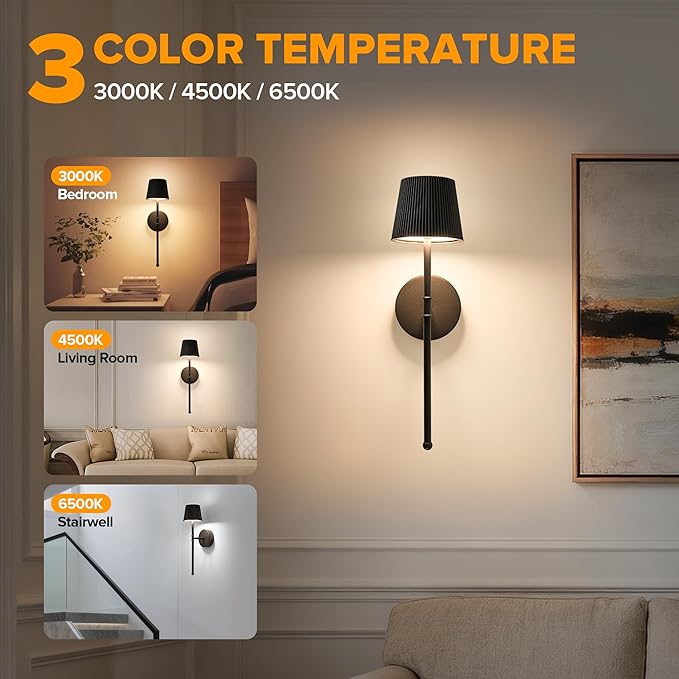 LUTEC Cordless Wall Sconces Set of 2, 5200mAh Wireless Rechargeable Battery Operated LED Wall Lamps, 3 Color Stepless Dimming Portables Lightings for Wall Painting/Living Room/Bedroom/Hallway Decor