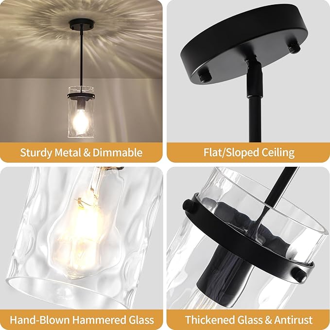 3 Pack Black Pendant Lights Kitchen Island, Modern Hammered Glass Kitchen Pendant Lighting Over Island Hanging Bathroom Light Fixtures Adjustable Pendant Light for Hallway Entryway Dining Room