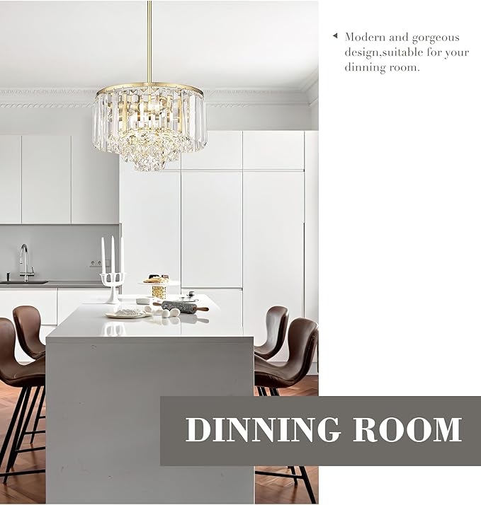 Polished Gold Chandelier, 4-Tier Crystal Pendant Light fixtures, Vintage Hanging Light, Chandeliers for Dining Room Kitchen Island Bedroom Entryway, CC4215-3W-PG