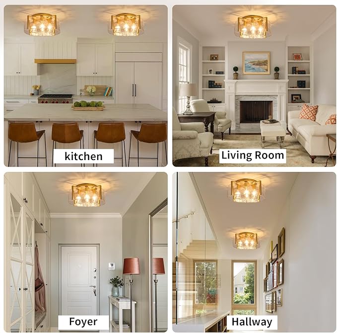 Gold Semi Flush Mount Ceiling Light Fixture, 17.7-Inch Farmhouse Modern Flush Mount Light Glass Drum Lights Foyer Lighting Fixtures for Kitchen Entryway Hallway Bathroom Bedroom Laundry Room